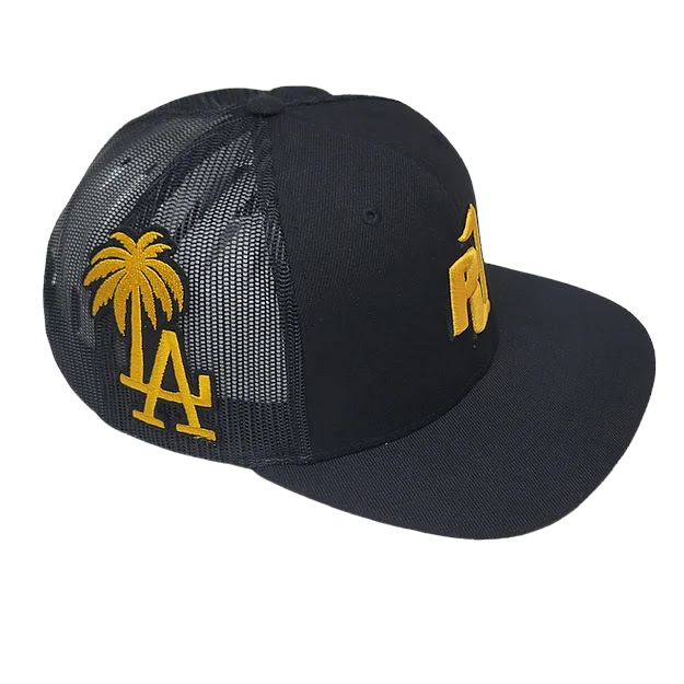 Raza Golf Black Trucker Hat with LA and Palm Tree patch in gold and our logo