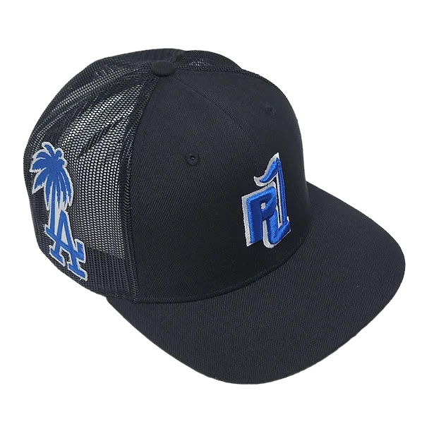 Raza Golf Black Trucker Hat with LA and Palm Tree patch in royal blue and our logo