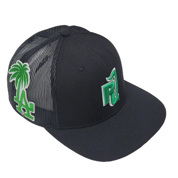 Raza Golf Black Trucker Hat with LA and Palm Tree patch in green and our logo