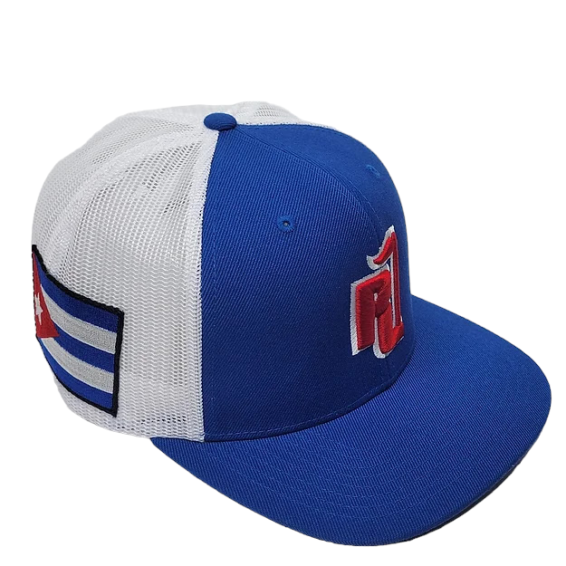 Raza Golf Royal blue and white trucker hat with Cuba Flag patch
