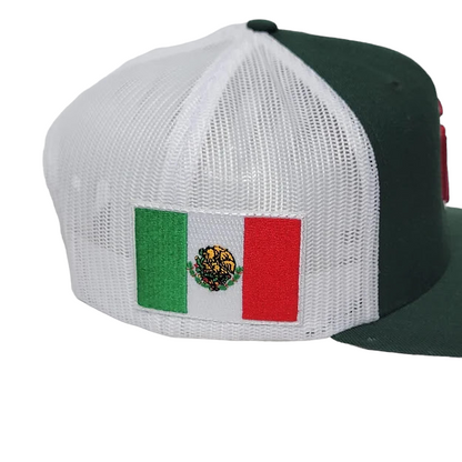 Raza Golf Green and White Trucker hat with the Mexico flag patch and our logo