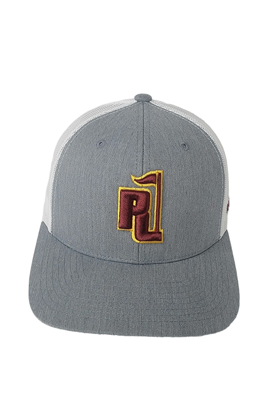 raza golf gray and white trucker hat with a burgundy and yellow logo