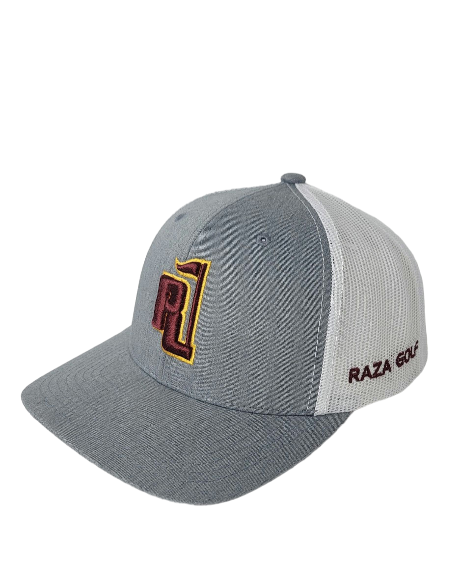 raza golf gray and white trucker hat with a burgundy and yellow logo
