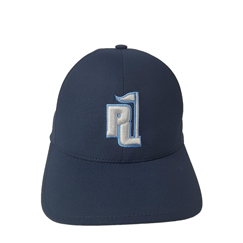 Raza Golf Navy Fitted Hat with Gray and Light Blue Logo