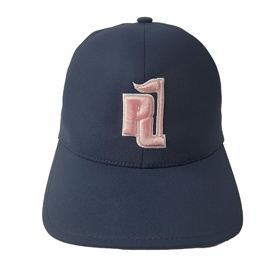 Raza Golf Navy Fitted Hat with Light Pink and White Logo