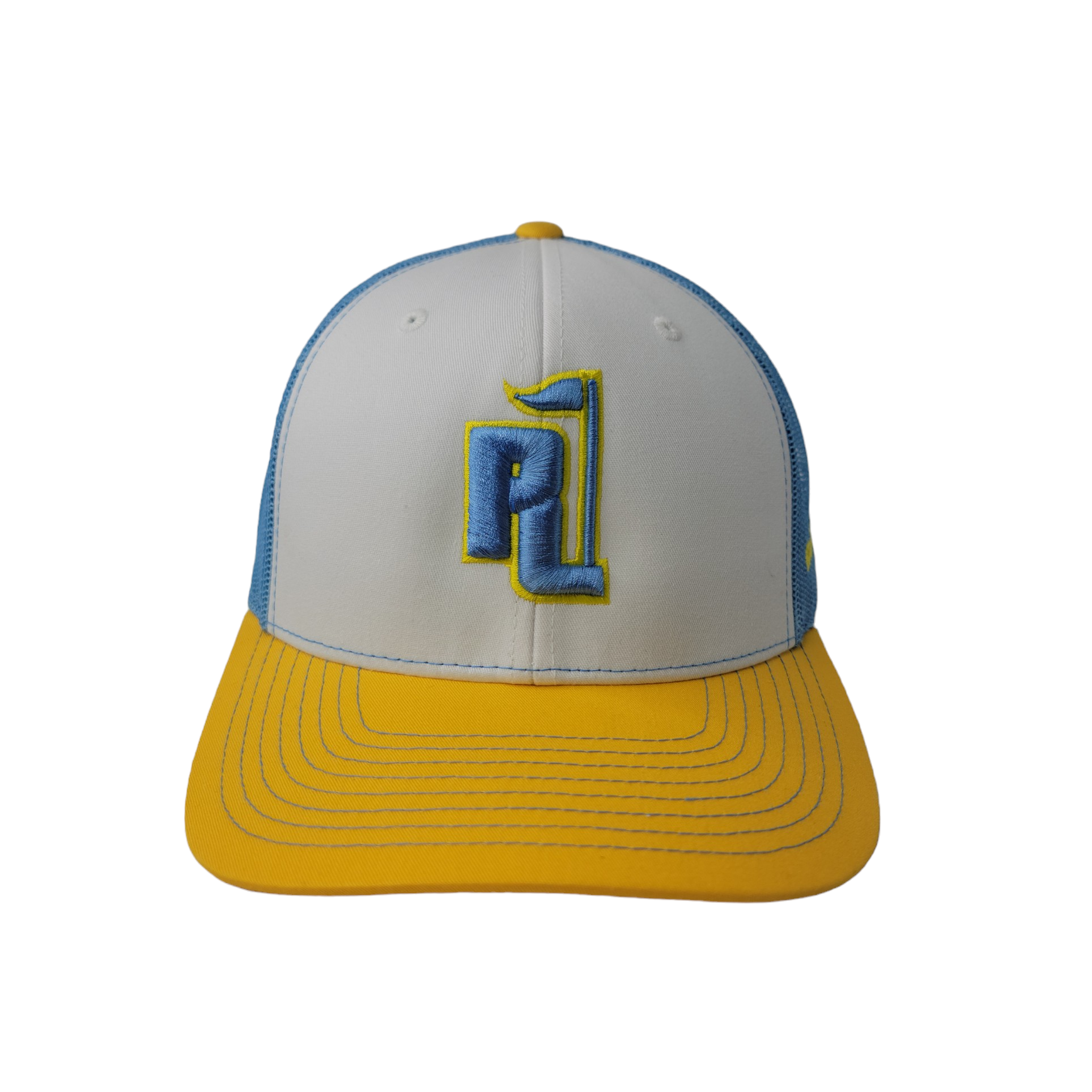 Raza Golf White and Blue Trucker with Baby Blue and Yellow Logo