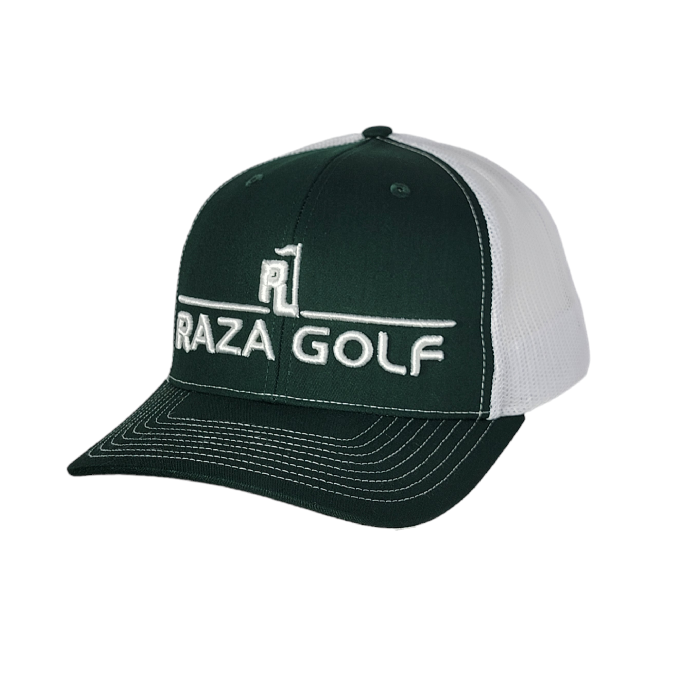 A dark green and white Raza Golf trucker hat with a structured design, pre-curved visor, and adjustable snapback closure.