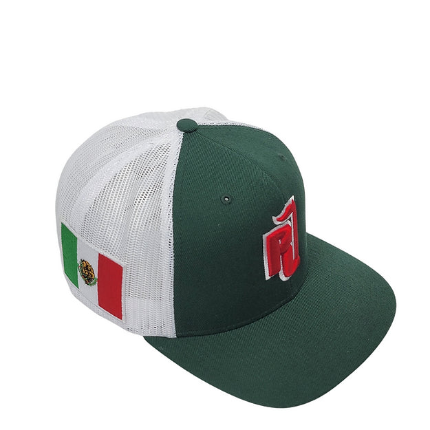 Raza Golf Green and White Trucker hat with the Mexico flag patch and our logo
