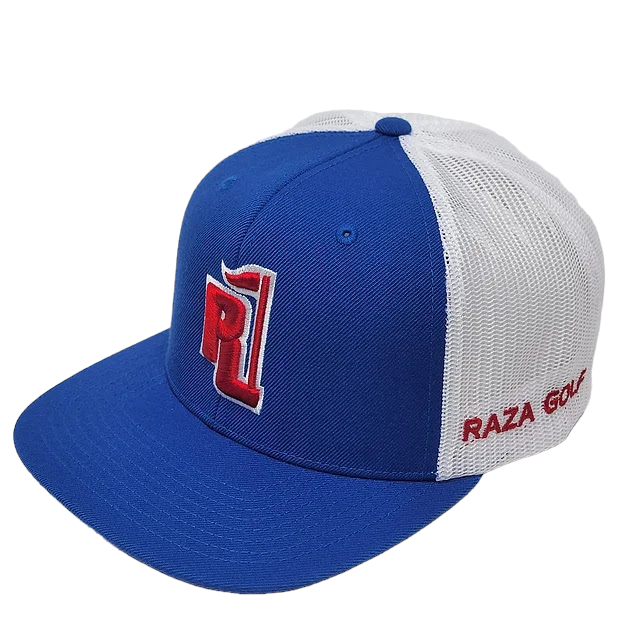 Raza Golf Royal blue and white trucker hat with Cuba Flag patch