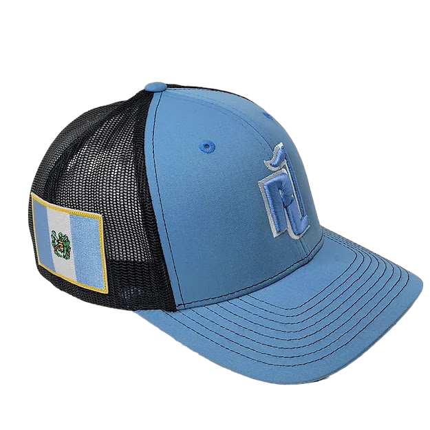 Raza Golf Blue and Black trucker hat with a Guatemala Flag Patch