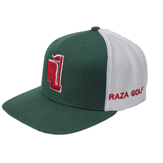 Raza Golf Green and White Trucker hat with the Mexico flag patch and our logo