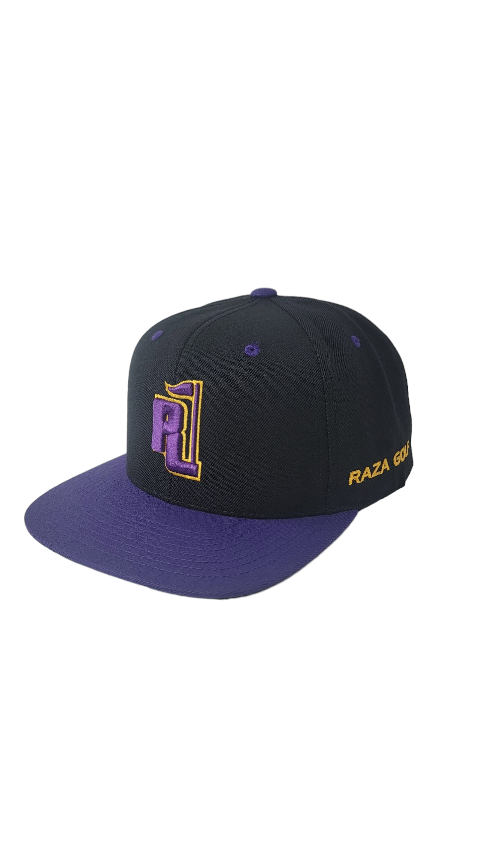 Raza Golf black and purple snapback with purple and yellow logo
