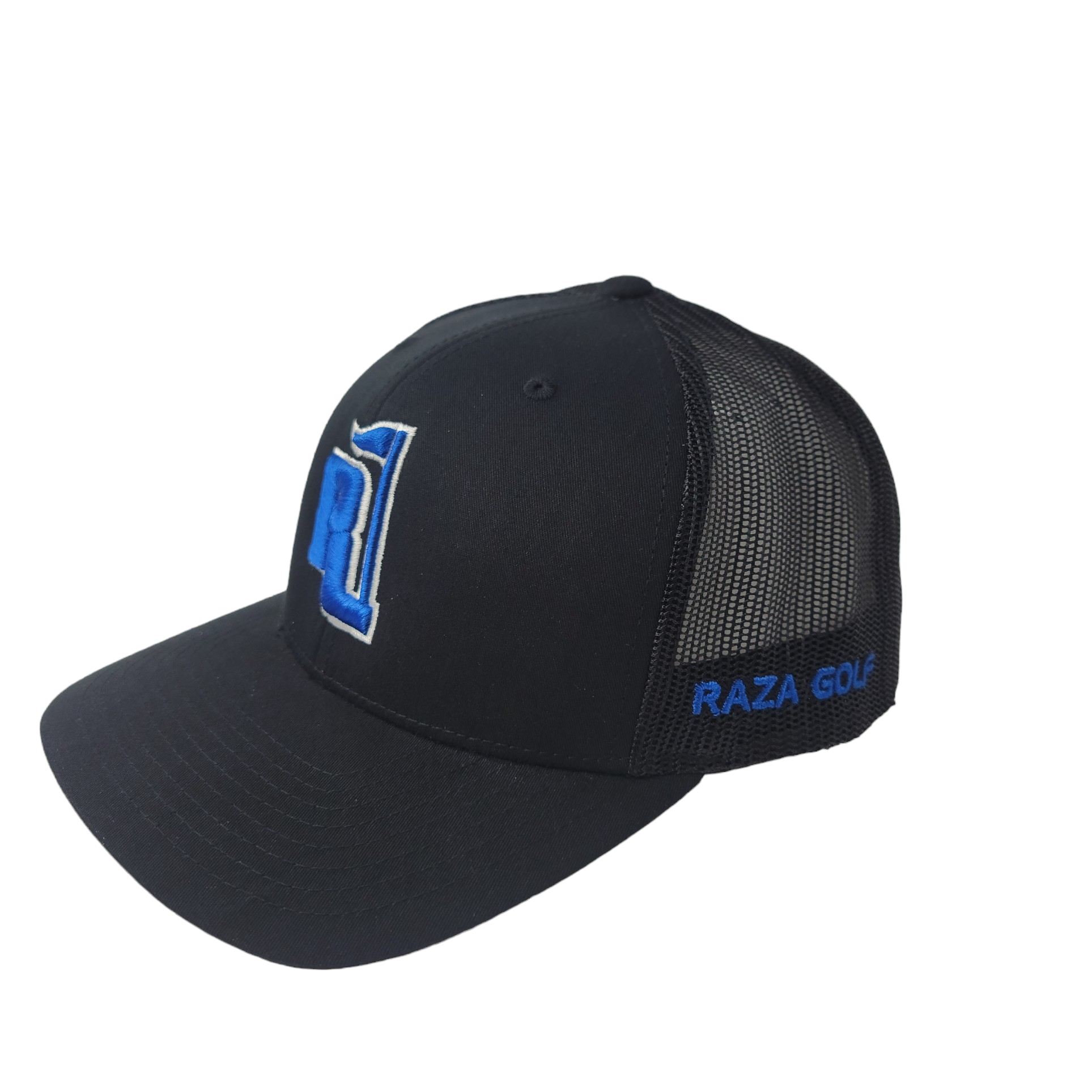 Raza Golf Black Trucker with Blue and White Logo