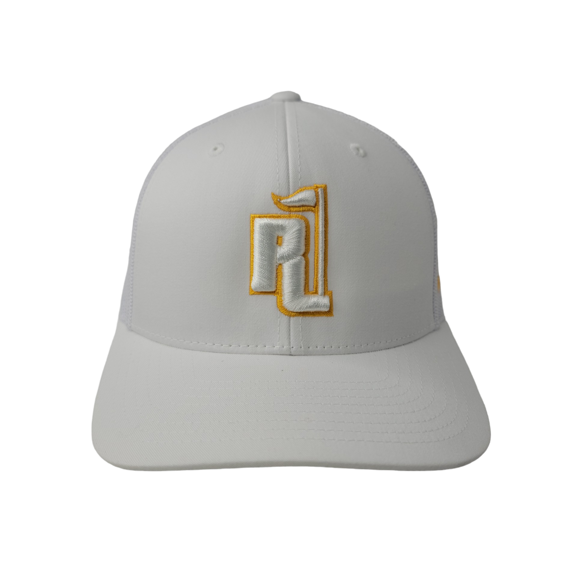 Raza Golf White Trucker with a White and Yellow Logo