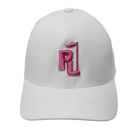 Raza Golf White Fitted Hat with Pink and White Logo
